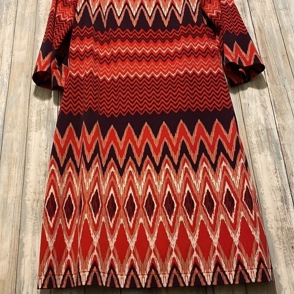Donna Morgan Dresses | Red Aztec Printed Sheath Dress With a Boat Neck line | 6 - Picture 5 of 9